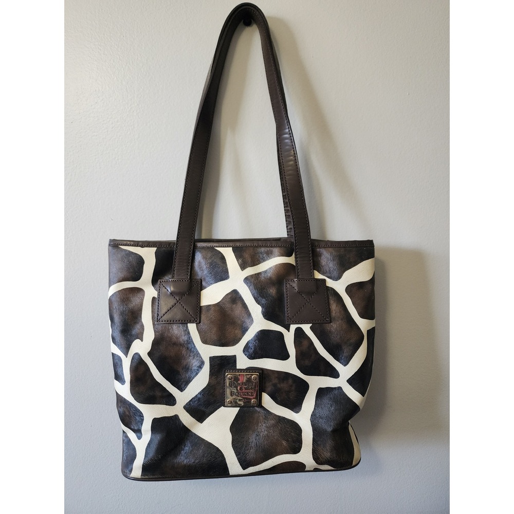 Dooney & Bourke Giraffe Print Tote Brown Cream Leather Trim Y2K Animal Print.